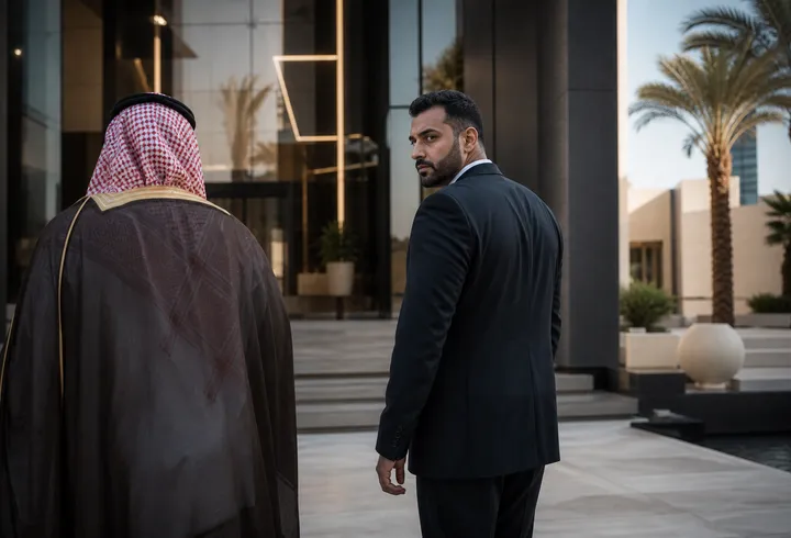 مختص حماية شخصية يرافق عميلًا بخصوصية أمام مبنى حديث